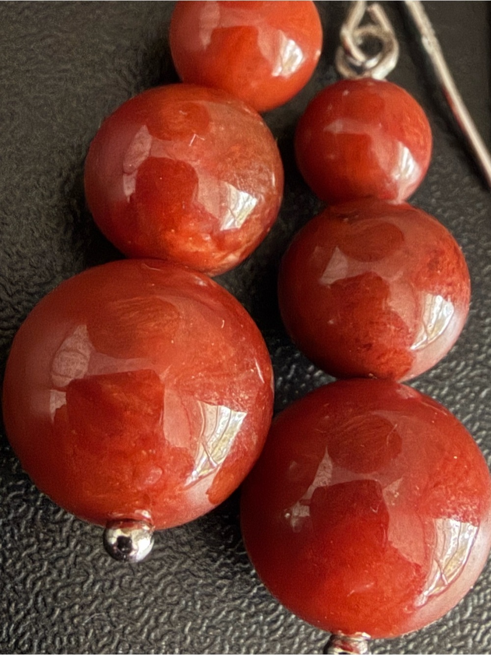 JADE OF YESTERYEAR PAJ 925 STERLING SILVER RED JADE GRADUATING BEAD EARRINGS
